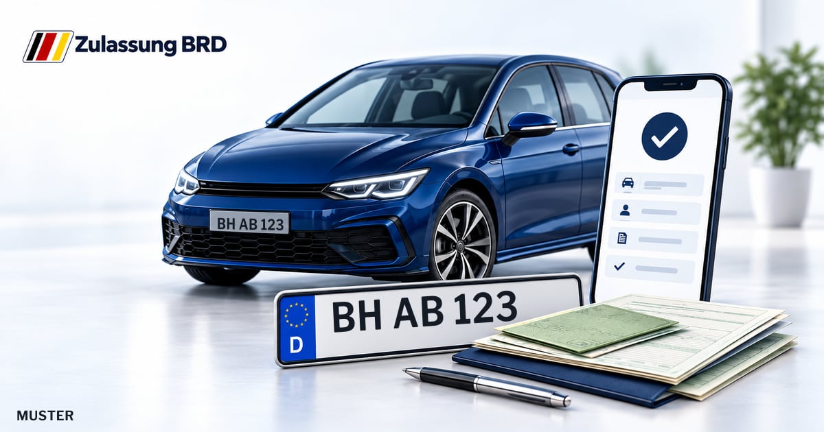 Online Fahrzeugzulassung in Durmersheim: Musterkennzeichen BH AB 123, Auto und Fahrzeugpapiere und Smartphone. Illustration mit Logo von Zulassung BRD.